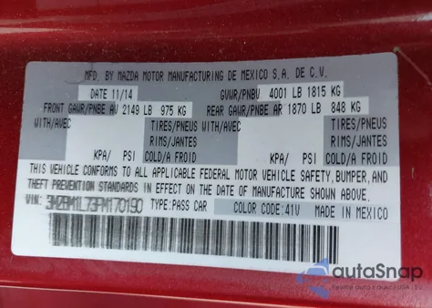 2015 Mazda Mazda3 I Touring из США, поврежденный, VIN 3MZBM1L73FM170190